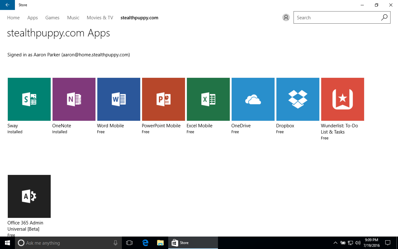 Windows Store with the Private Store enabled in Windows 10 Pro 1607